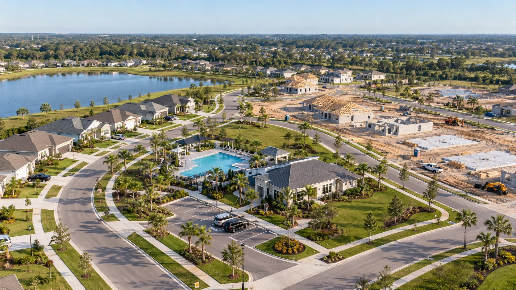 AI-generated aerial view of a Florida community with completed homes, homes under construction, and a finished pool and community center.